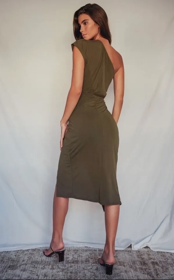 Lulus One-Shoulder Raise A Glass Olive Green Midi Dress - Image 3