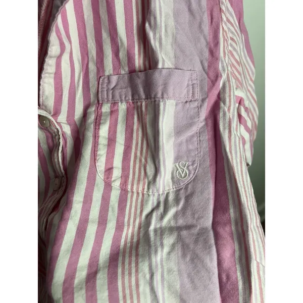 Victoria's Secret Women's Medium Short Pajama Shirt Stripe Pink Cotton Bottom Up - Image 3