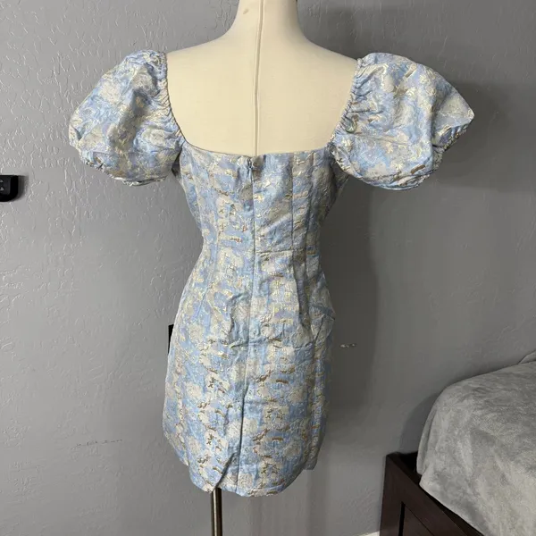 Lulus Cutest Praise Light Blue Floral Jacquard Puff Sleeve Mini Dress, M - Image 2
