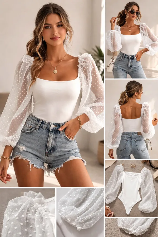 Jealous Tomato White long sleeve Bodysuit puff sleeve - Image 2