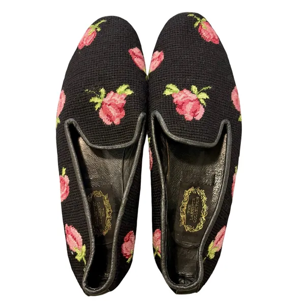 VTG Floral Needlepoint Loafers Rose Tapestry Smoking Slipper Grandmacore 10 - Image 2
