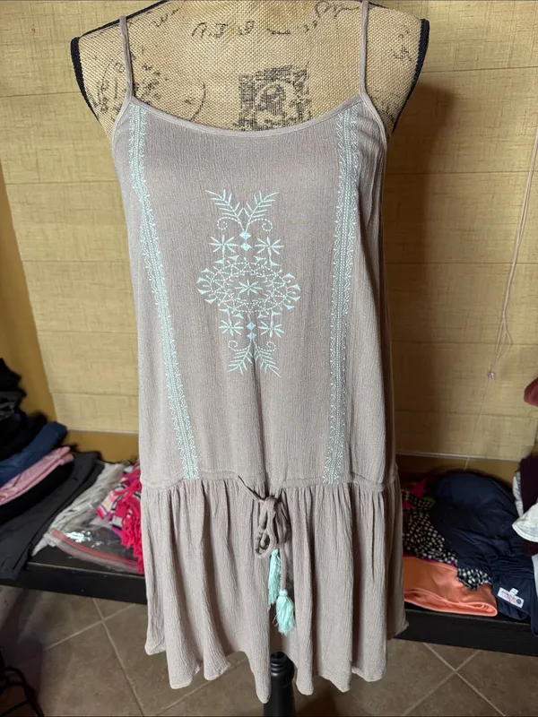 Kori America Embroidered Boho Mini Dress Taupe Aqua Tassels Size Medium - Image 3