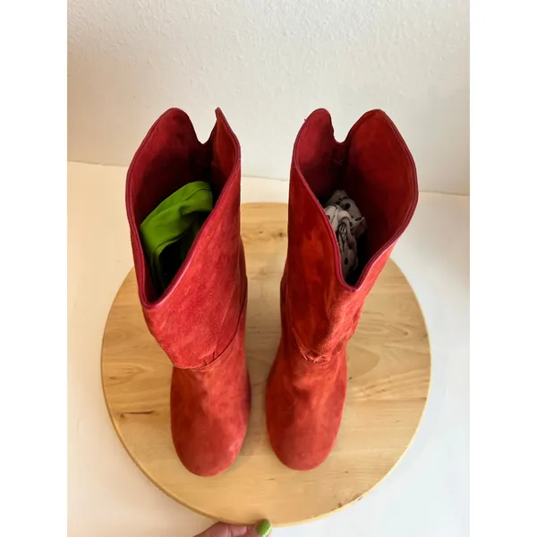 Red Soft Suede Slouchy Heeled Boots Mid Calf Bow Tie Pull On Size 9.5 Rampage - Image 9