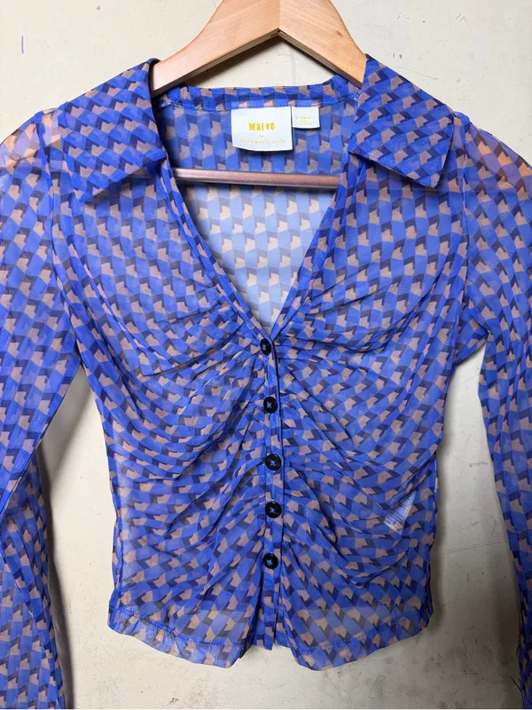 Maeve Sheer Ruched Button-Down Blouse Size XS - Image 9
