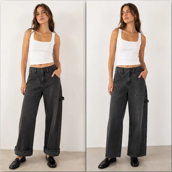 Free People We The Free Black Wash Major Leagues Cuffed Carpenter Utility Jeans - Image 2