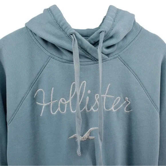 Y2K Hollister Baby Blue Spellout Hoodie Academia Preppy Comfort Coastal M - Image 3