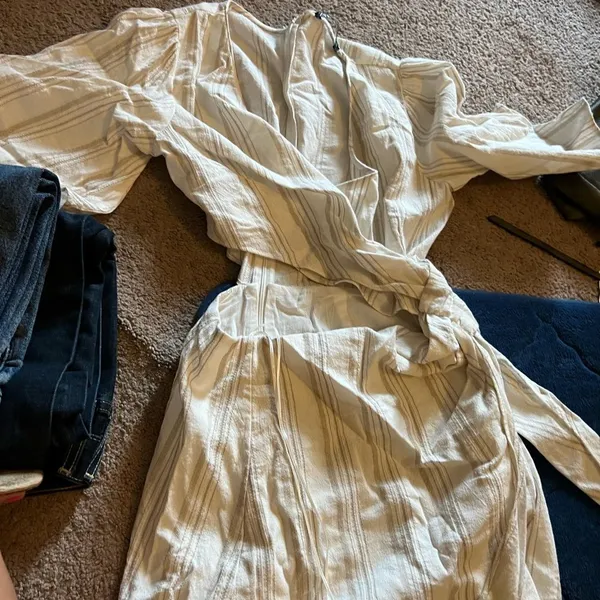 Zara Beige and Cream Striped Rustic‎ side Cut Out Wrap Mini Dress Small - Image 7