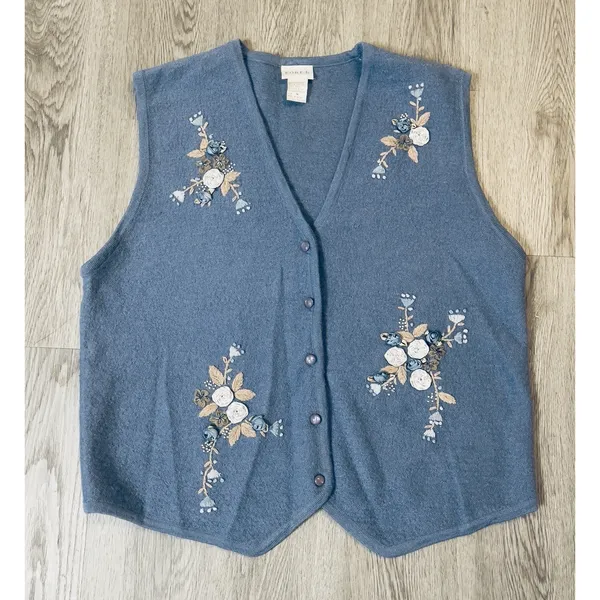Vintage Embroidered Floral Appliqué 100% Wool Sweater Vest Sz Med Cottagecore - Image 2