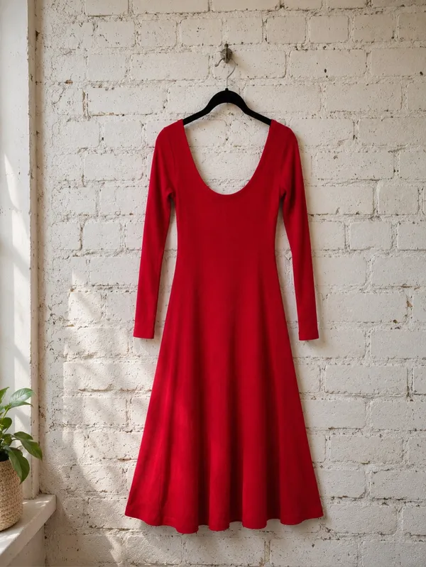 ModCloth Red Ribbed Boat Neck Maxi Dress Long Sleeve Size L - Image 3