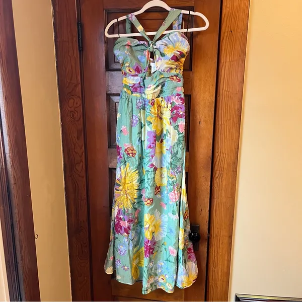 H&M Green Floral Halter Maxi Dress with Yellow & Purple Blooms - Image 6