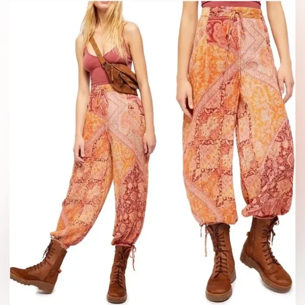 Free People Begonia Balloon Pants Boho Patchwork Harem Cropped Rayon Size Small - Image 4