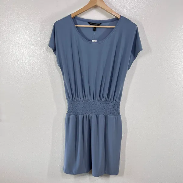 White House Black Market Light Blue Smocked Waist Dress‎ Small Cap Sleeves Midi - Image 2