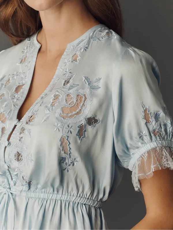 By Anthropologie Embroidered V-Neck Peplum Blouse Top in Nantucket Breeze Blue - Image 2