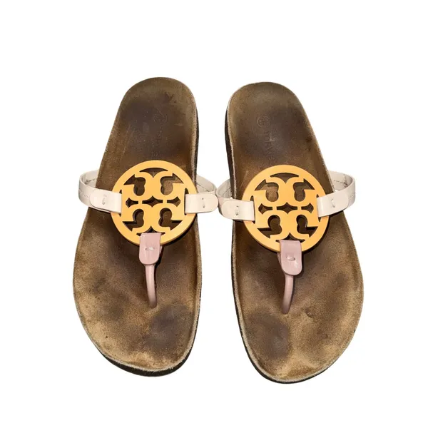 Tory Burch Miller‎ Cloud Sandals Women 9 Beige Yellow Fair Logo Cork Slides - Image 2