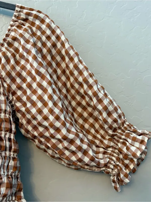 Indigo Rising brown white gingham plaid tie front ruffled crop top medium - Image 16