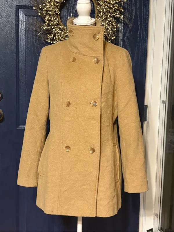 Calvin Klein Camel Wool Blend Belted Double Breasted Coat Funnel Neck Med? - Image 3