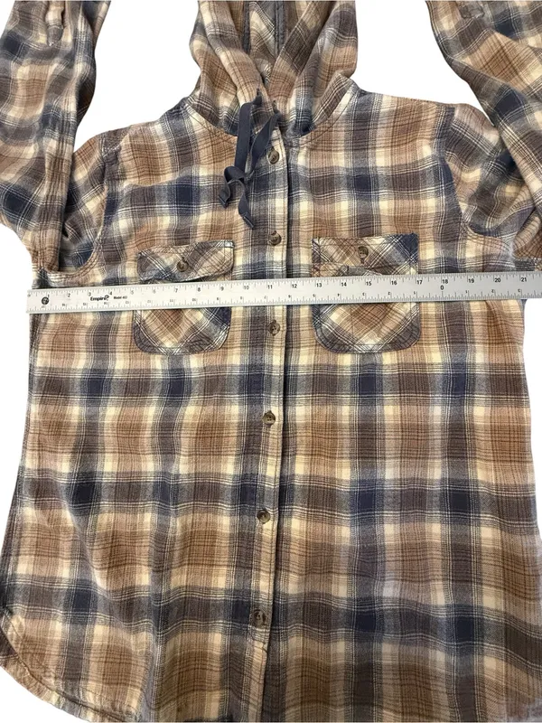 Carhartt Women’s L 12/14 Hooded Plaid Flannel Shirt Brown Blue Button Front - Image 11
