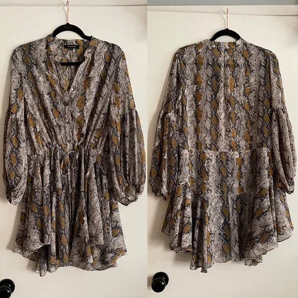 12th Tribe snakeskin snake python animal print button down long billowy balloon sleeve swing dress - Image 9