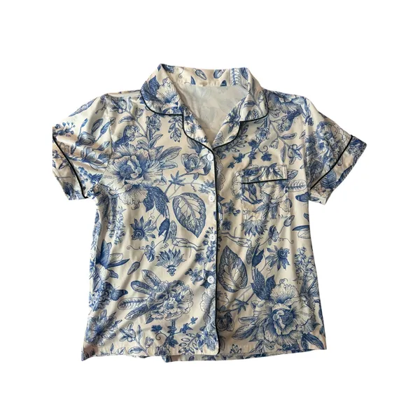 Blue White Floral Pajama Set Medium Button Front Shorts Lounge Sleepwear - Image 6
