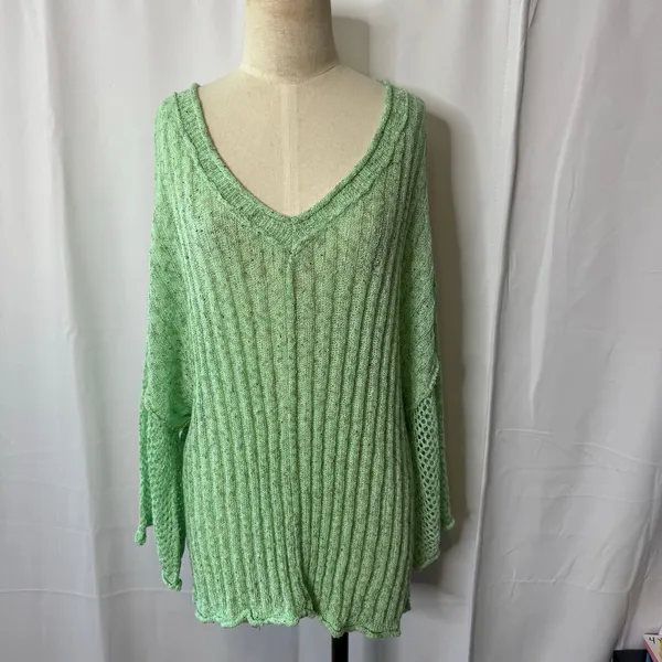 POL Mint Green Open Knit Sweater L Boho Slouchy Lightweight Pullover - Image 3