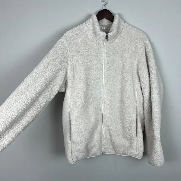 Uniqlo Fleece Sherpa Jacket Womens Medium Cream High Neck Full Zip‎ Front Cozy M - Image 13