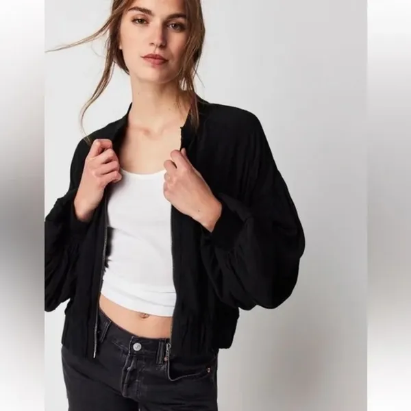 FREE PEOPLE On Pointe Bomber Jacket Lightweight Puff Balloon Sleeve Black - Image 2
