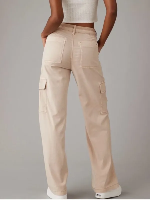 American Eagle Outfitters Ivory Beige Baggy Wide Leg Cargo Pants W Drawstring 4 - Image 3
