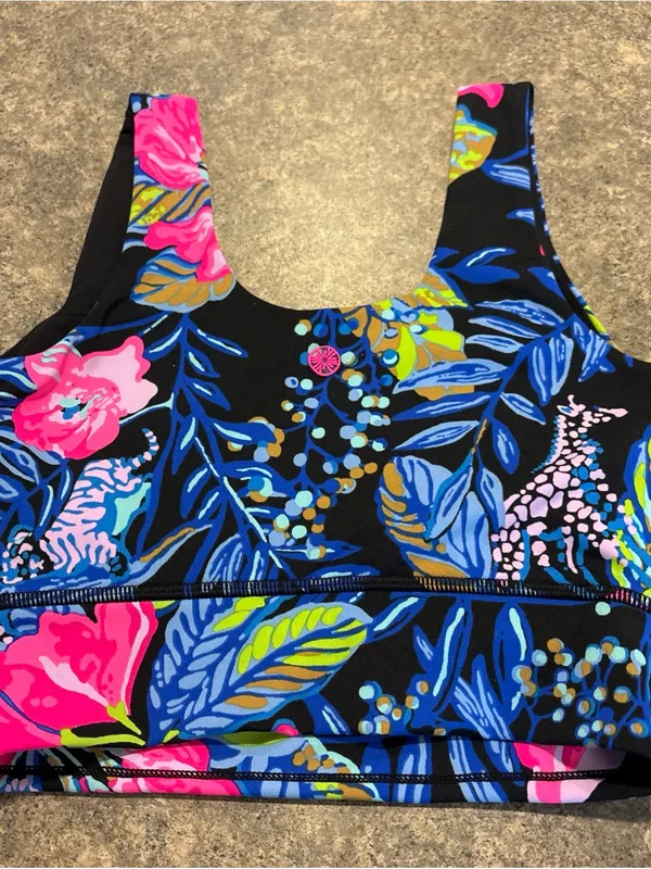 Lilly Pulitzer Black Sports Bra with Pink, Blue & Green Floral Accents - Image 3