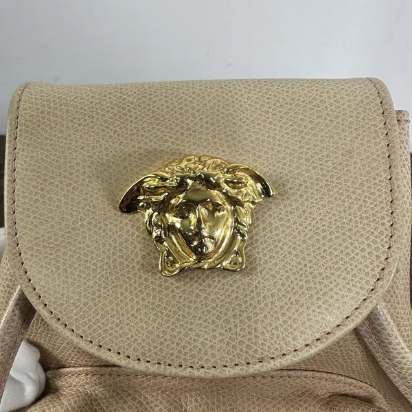 Gianni Versace Vintage Backpack Bag Womens Mini Beige Leather Italy Medusa Gold - Image 6