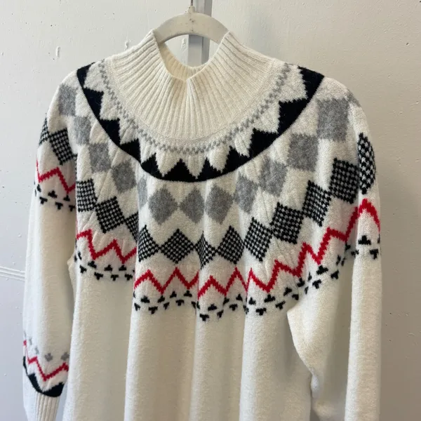 Vince Camuto Fair Isle Mock Neck Sweater Ivory Black Red Geometric Yoke 2X - Image 3