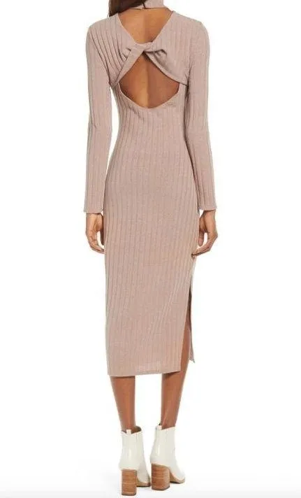 Floret Studios New Twist Open Back Long Sleeve Ribbed Sweater Dress Mocha - Image 3
