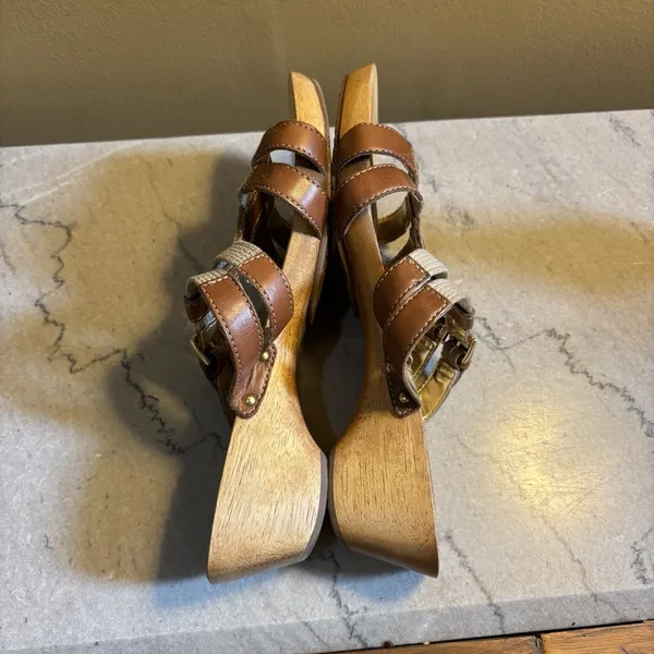 Naturalizer‎ Athina Sandals Women Size 9 Brown Wood Soles Slip-On Slide T-Strap - Image 5