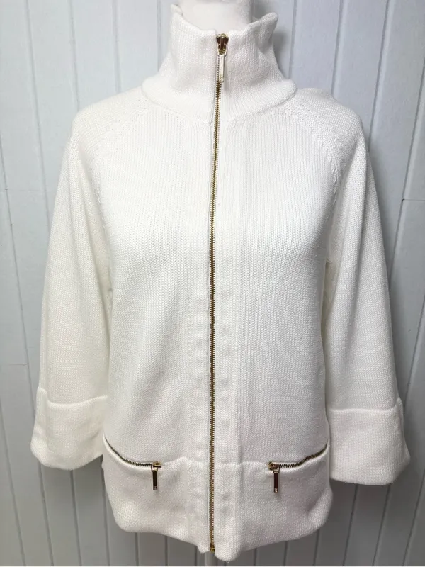 Ralph Lauren white Cotton‎ Zip-Front Knit Sweater Jacket / Gold zipper Size L - Image 2