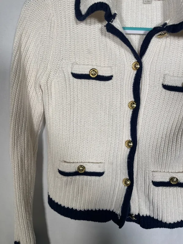 Loft Womens Tipped Ribbed Button Down Sweater Cream Navy Small - Image 3