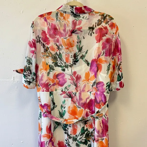 Calvin Klein Floral Midi Shirtdress Pink‎ Orange Watercolor Button Front Size 16 - Image 6