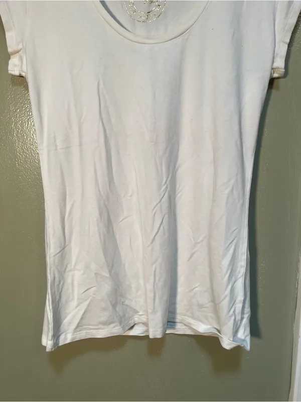 Ella Yoga Women's Size Small Scoop Neck Cap Sleeve T-Shirt White Stretch Viscose - Image 4