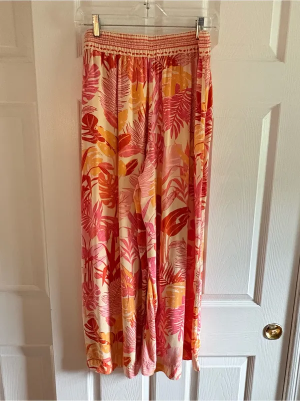 Haute Hippie Women’s Pants Medium Pink Orange Rayon Tropical Wide Leg - Image 5