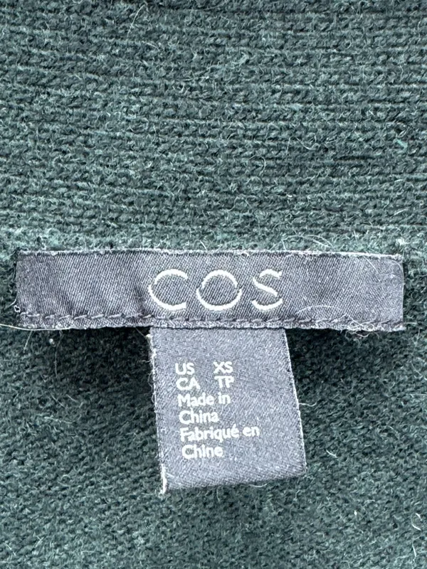 COS 100% Wool Relaxed V-Neck Button Cardigan Patch Pocket Dark Green XS - Image 2