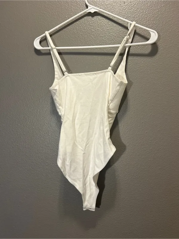 White Square Neck Bodysuit Sleeveless Thong Back Tank Basic Layering XS - Image 2