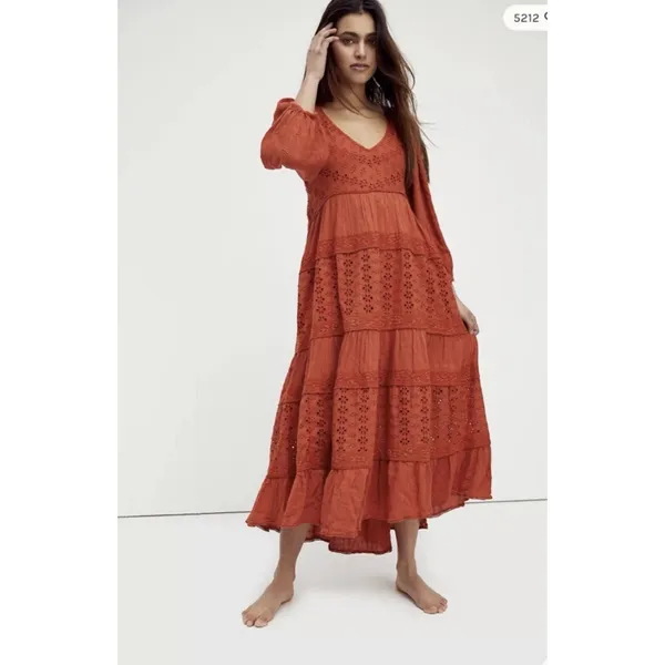 Free People Mockingbird Eyelet Tiered Maxi Dress Size XS Rust Orange Boho Chic - Image 2