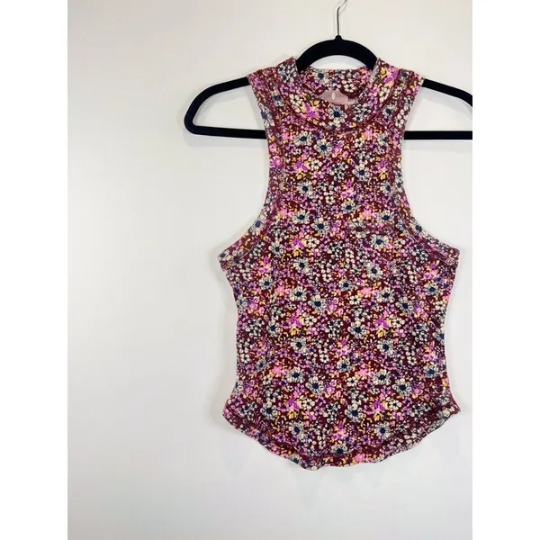 FP Movement Womens Top Pink Wishful AOP Floral Ribbed Tank Cottagecore Large - Image 5