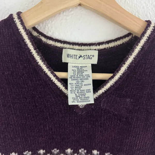 WHITE STAG Vintage 90s Dark Purple Fair Isle Soft V Neck Sleeveless Sweater Vest - Image 5