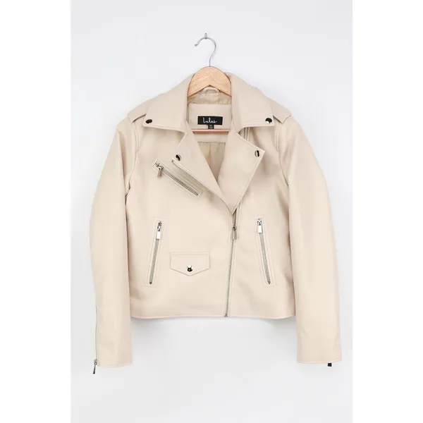 Lulus Out for the Night Beige Vegan Leather Moto Jacket XS NWT - Image 5