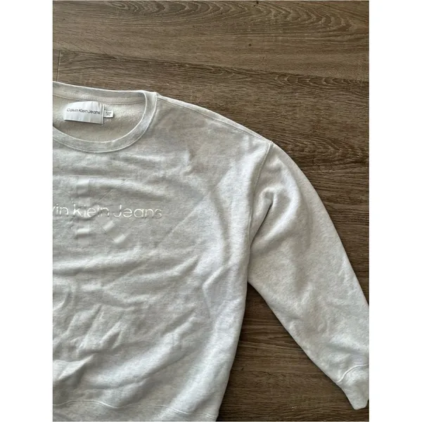 Calvin Klein Jeans Pullover Sweatshirt Womens XL Light Gray Crewneck Logo Fleece - Image 5