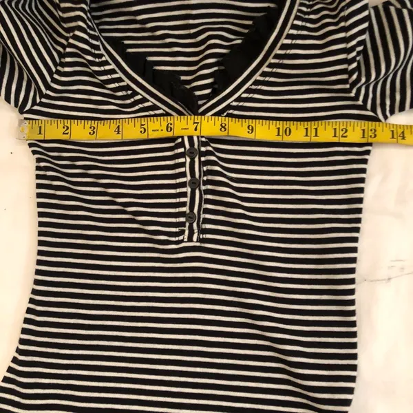 Bella swan Y2K Black white striped henley top shirt blouse long sleeve ruffle trim-S #goth #punk #grunge #whimsygoth #cottagecore Measurement in pics Great condition - Image 4