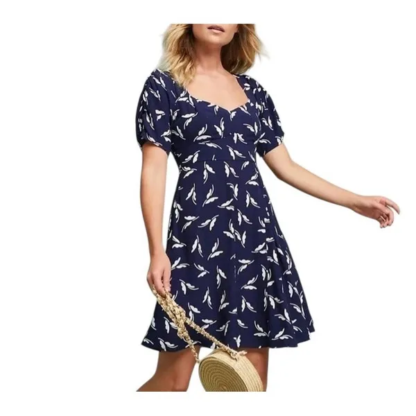 Maeve Anthropologie Navy Blue White Fern Print Sweetheart Mini Dress XS - Image 3