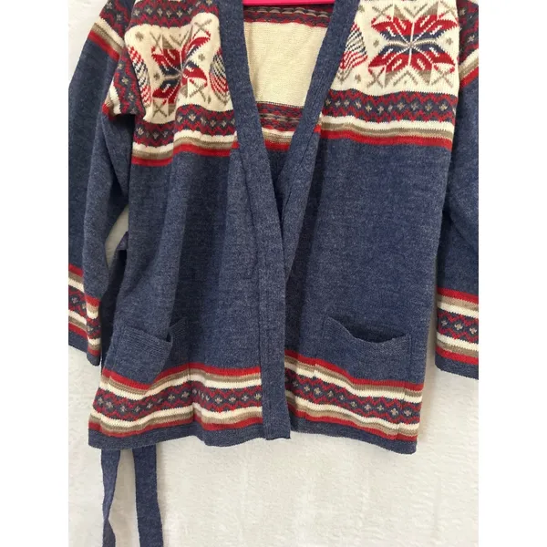 Mademoiselle Knitwear Vintage Nordic Fair Isle Wrap Belted Cardigan Sweater Blue - Image 3