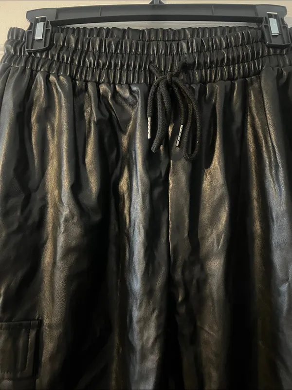 Black Faux Leather Cargo Jogger Pants - Women - Image 2