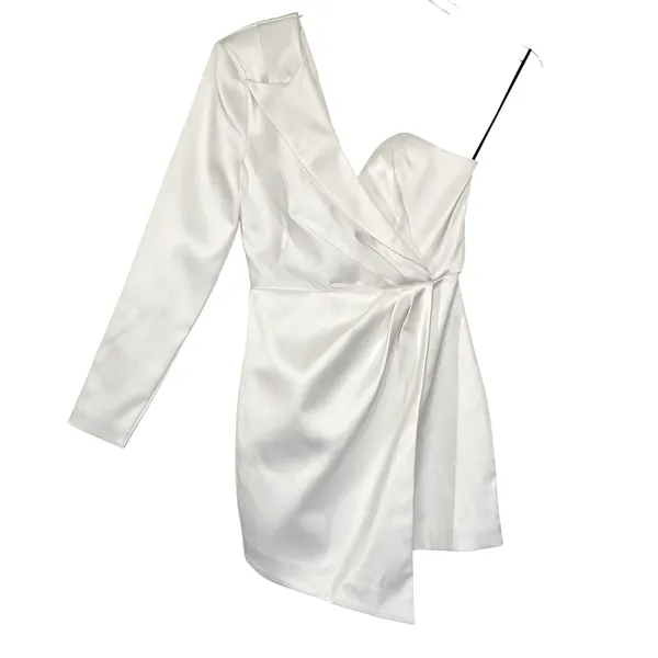NBD White Satin One Shoulder Long Sleeve Mini Dress Asymmetrical Bridal Sz S NEW - Image 4