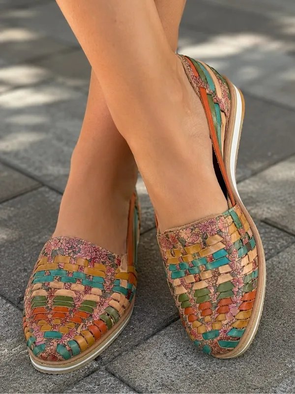 Indios by Impucalza Mexican Leather Floral Woven Huarache Boho Flats US 8 MX 25 - Image 7